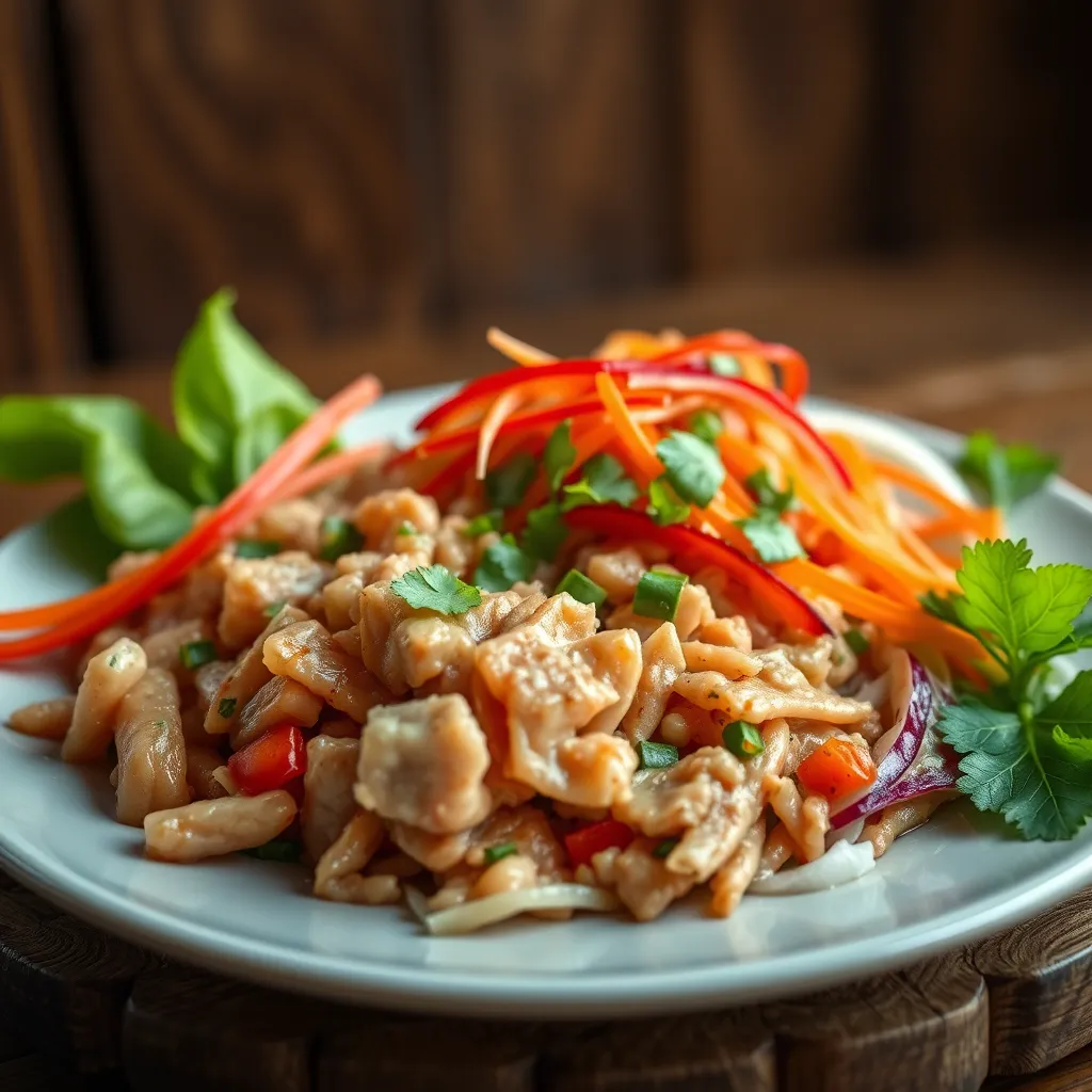 A close-up photo of a plate of traditional Thai food, like larb or som tum, with fresh ingredients and vibrant colors.  The dish should be arranged beautifully, with a rustic wooden background and a few fresh herbs or vegetables on the side. 