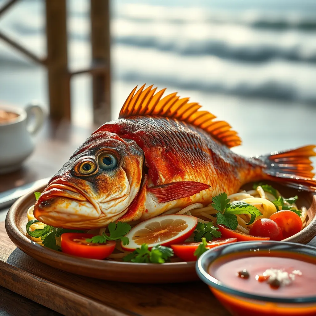 A close-up shot of a steaming plate of  Pla Pao,  a popular Thai seafood dish,  featuring grilled sea bass marinated with a blend of lemongrass,  ginger,  and chili. The fish is beautifully browned and glistening, with a vibrant orange hue.  The plate is garnished with fresh herbs, sliced tomatoes,  and a sprinkle of sea salt.  The dish is set on a rustic wooden table, with a side of  Nam Prik Noom,  a spicy dipping sauce.  The lighting is dramatic,  with a strong back light creating a halo effect around the fish. The background is a blurred image of a serene beachfront setting,  with the ocean waves crashing in the distance. The image should be rendered in a photorealistic style,  with a focus on capturing the textures and details of the food and the  environment.
