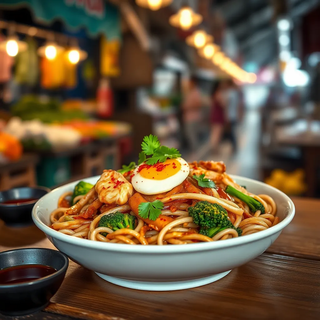 A close-up shot of a steaming plate of Pad See Ew with wide rice noodles, stir-fried with a rich brown sauce,  chicken,  egg, and Chinese broccoli,  garnished with fresh cilantro and a sprinkle of red pepper flakes. The plate is set on a rustic wooden table with a bowl of chili sauce on the side. The lighting is warm and inviting, with soft, diffused light creating a gentle glow on the food. The background is a blurred image of a bustling Thai street market, with vendors selling fresh produce and street food. The image should be hyperrealistic and ultra-detailed, capturing the vibrant colors and textures of the dish.