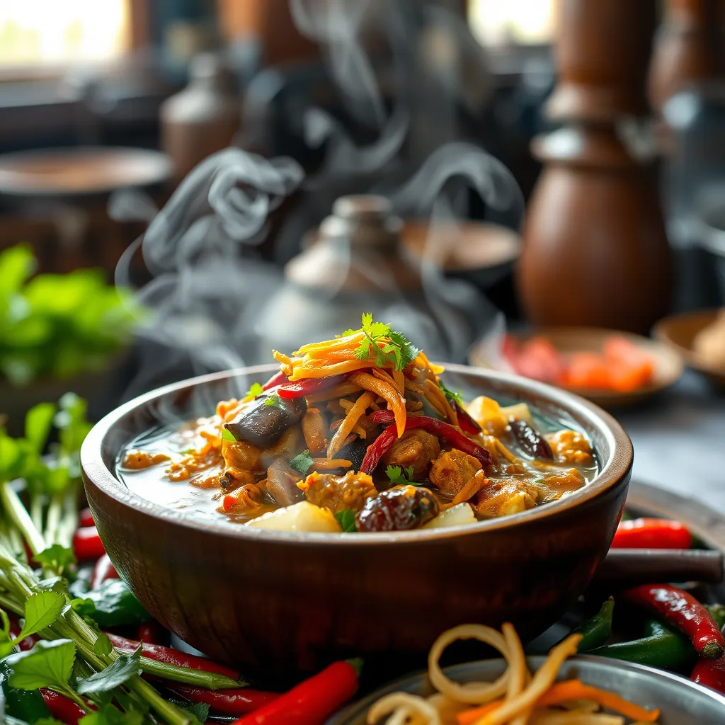 A close-up shot of a traditional Thai dish being served in a rustic wooden bowl, with steam rising from the food and a blurred background of a traditional Thai kitchen. The dish is surrounded by colorful ingredients like herbs, spices, and chilies. The image should convey a sense of authenticity and the rich culinary heritage of Ubon Ratchathani.