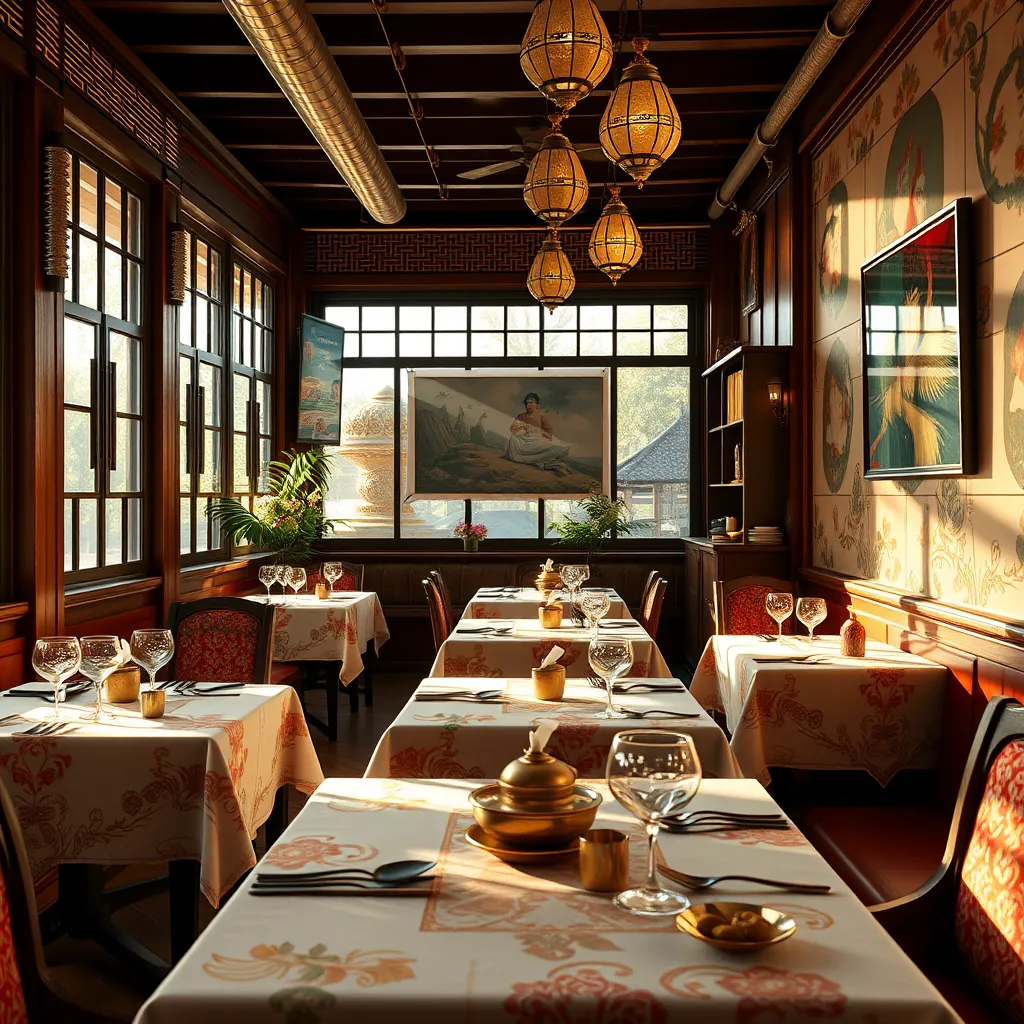 A photo of a cozy Thai food restaurant with natural light streaming through the windows. The tables should be set with traditional Thai tablecloths and silverware, and the atmosphere should feel inviting and comfortable. 