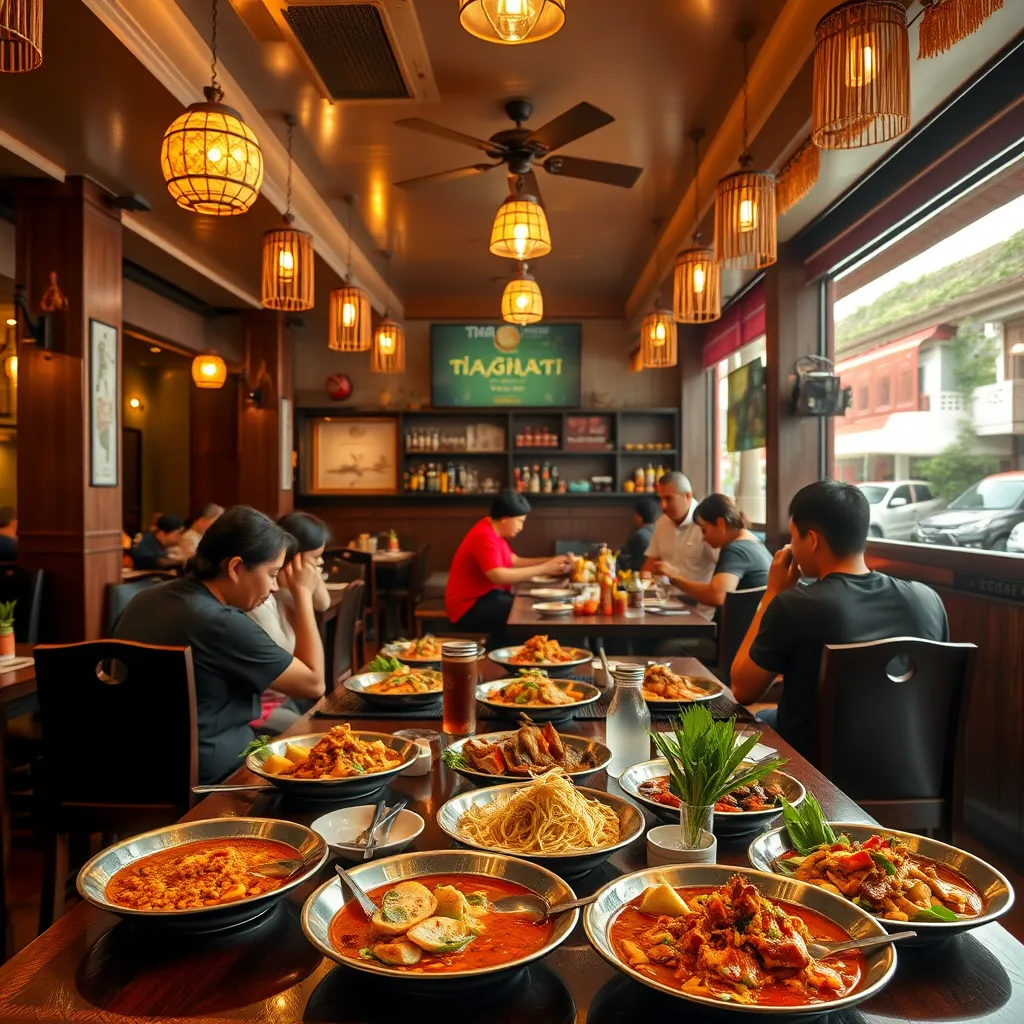 A photo of a Thai food restaurant in Ubon Ratchathani, with warm lighting and traditional decor. There should be people enjoying delicious Thai food at tables, with a focus on the vibrant colors and aromas of the dishes. 