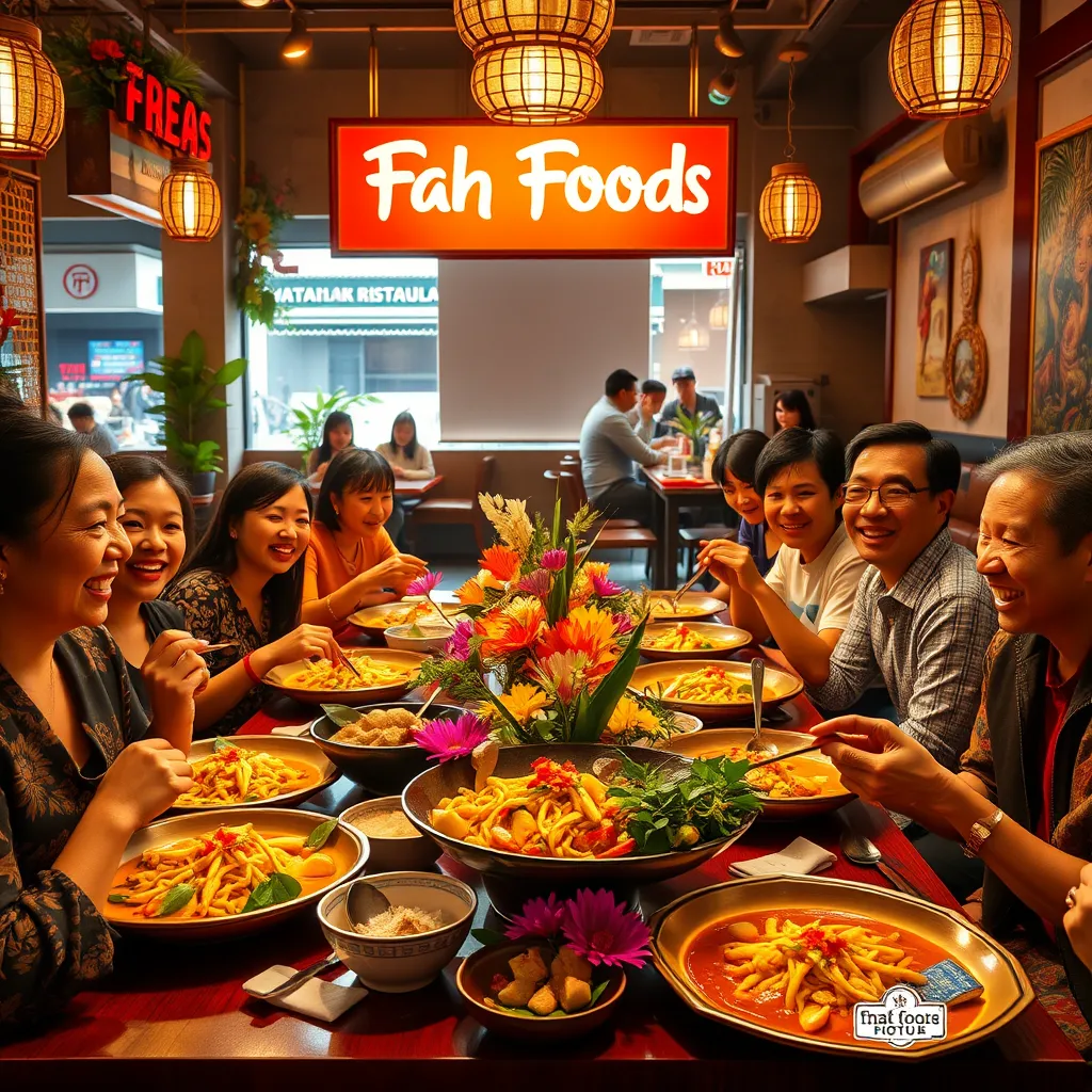 A vibrant and inviting image of a Thai food restaurant named Fah Foods. The image should feature a bustling scene with a group of friends enjoying a delicious spread of traditional Thai dishes, such as Pad Thai, Green Curry, and Mango Sticky Rice. The table should be adorned with colorful flowers and traditional Thai décor. The lighting should be warm and inviting, casting a golden glow over the scene. The composition should be balanced, showcasing the food, the people, and the restaurant's ambiance equally. The image should have a high degree of realism, with attention to detail in the textures of the food, the fabrics of the clothing, and the wood of the table. The overall mood should be one of joy, celebration, and authentic Thai hospitality. The image should be 8K resolution, hyperrealistic, and captured from a slightly elevated angle to create a sense of depth and intimacy. The style should reference classic Thai photography, with a focus on capturing the essence of Thai culture and cuisine. Reference: “The Best Thai Food in Bangkok” by David Thompson., ultra high resolution, photorealistic, 8K, hyperdetailed, cinematic lighting