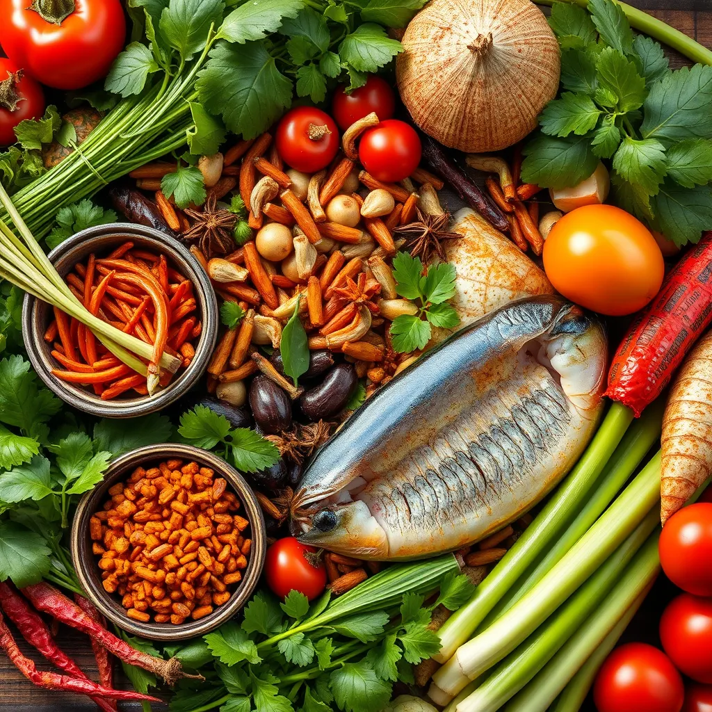 A visually appealing image of fresh, locally sourced ingredients used in Thai cuisine, such as herbs, spices, vegetables, and seafood. The image should capture the vibrancy and variety of ingredients, showcasing the high quality and freshness of the ingredients used in Ubon Ratchathani's cuisine.