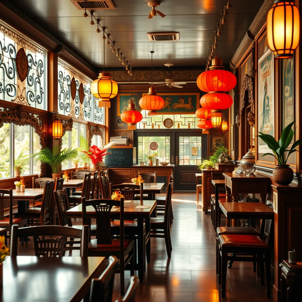 A warm and inviting scene of a Thai restaurant interior, featuring traditional Thai decorations, such as wooden furniture, intricate carvings, and colorful lanterns. The restaurant should be well-lit and filled with natural light, creating a cozy and inviting atmosphere. The image should showcase the unique charm and authenticity of Thai culture.