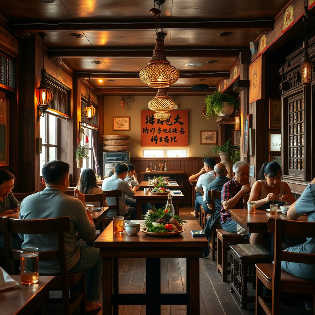 A warm and inviting scene of a Thai restaurant interior, featuring rustic wooden furniture, natural lighting, and traditional Thai decorations. The image should show people enjoying their meals, creating a sense of community and authentic Thai hospitality. The image should have a relaxed and comfortable atmosphere, representing the authentic Thai dining experience.