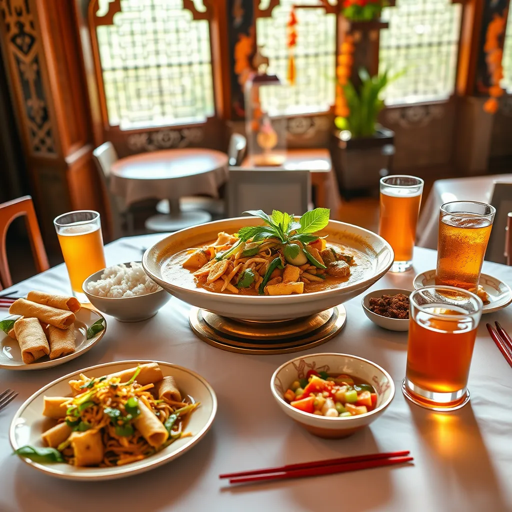 A wide shot of a beautifully presented Thai food set for two people. The table is set with a white tablecloth and chopsticks. The centerpiece is a large platter of  Gaeng Keow Wan, a fragrant green curry with chicken and vegetables, served with a side of steamed jasmine rice.  Other dishes include a plate of crispy spring rolls, a small bowl of  som tum,  a spicy papaya salad, and a refreshing glass of iced Thai tea.  The lighting is natural and bright,  with warm hues casting a welcoming glow on the scene.  The background is a traditional Thai restaurant setting,  with ornate wooden carvings and vibrant decorations.